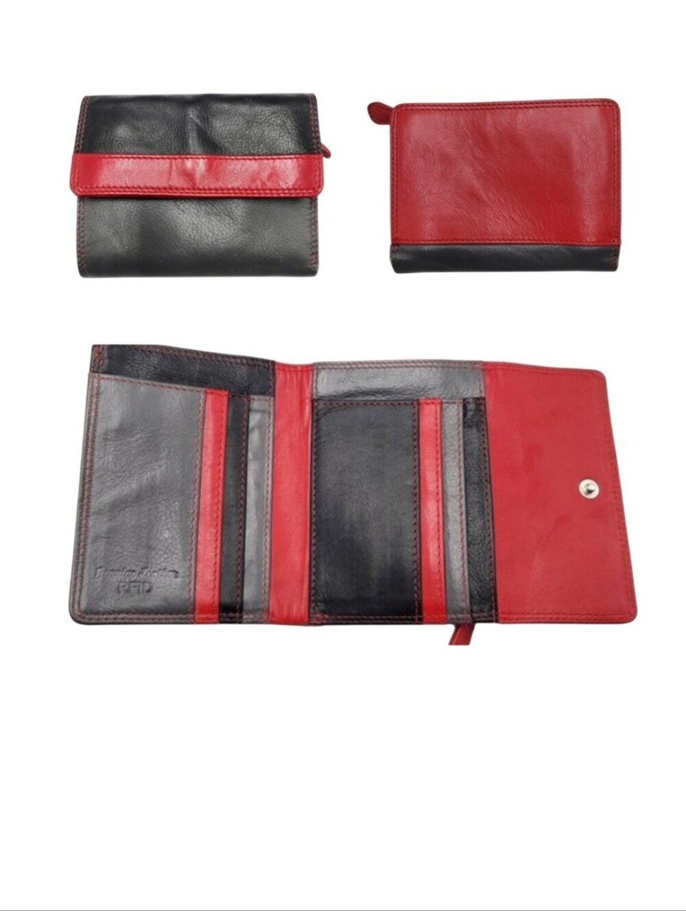 Red Gray & Black Colorblock Genuine Leather RFID Protection Tri-Fold Wallet
